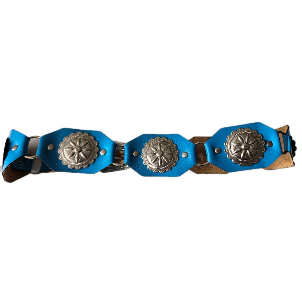 Vtg Blue Leather Octagon Concho Western Boho Hippie Silver Buckle Belt - Picture 2 of 11